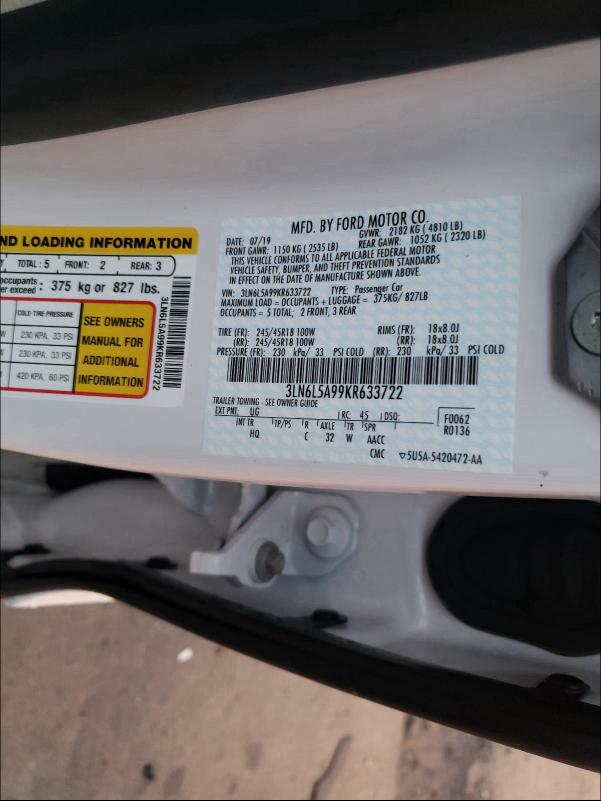2019 LINCOLN MKZ 3LN6L5A99KR633722