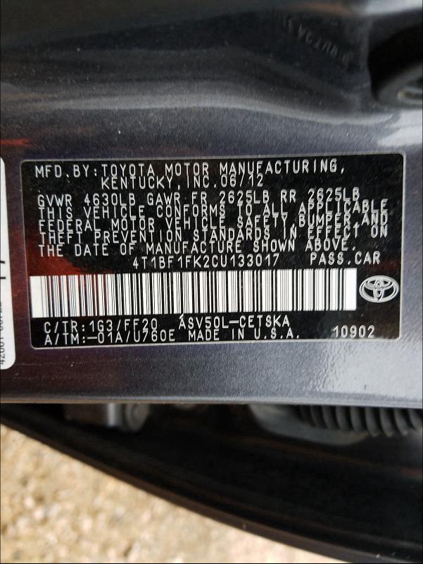2012 TOYOTA CAMRY 4T1BF1FK2CU133017