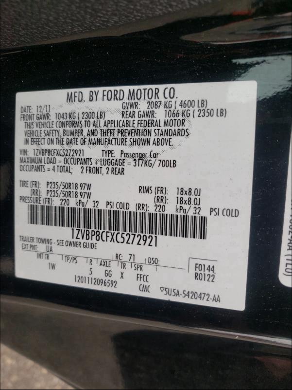 2012 FORD MUSTANG GT 1ZVBP8CFXC5272921