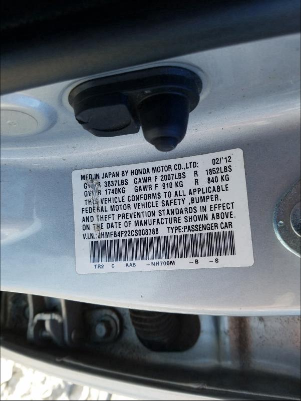 2012 HONDA CIVIC HYBR JHMFB4F22CS008788