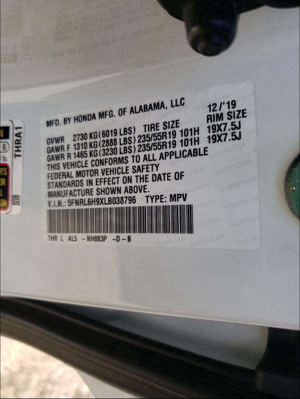2020 HONDA ODYSSEY EL 5FNRL6H9XLB038796