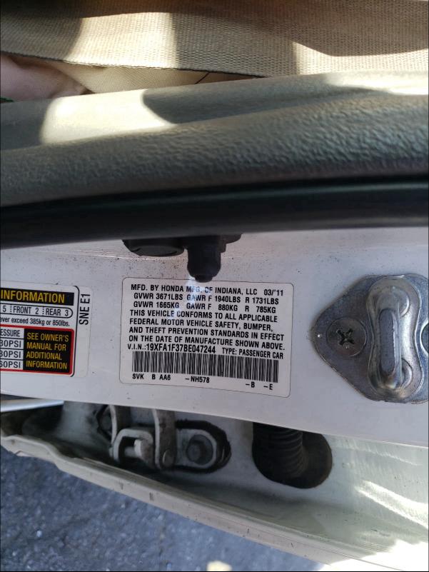 2011 HONDA CIVIC VP 19XFA1F37BE047244