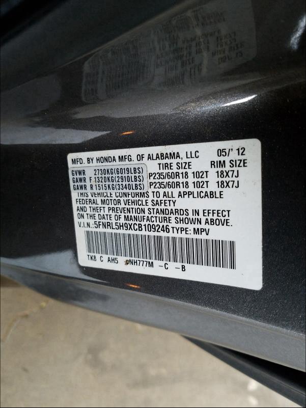 2012 HONDA ODYSSEY TO 5FNRL5H9XCB109246