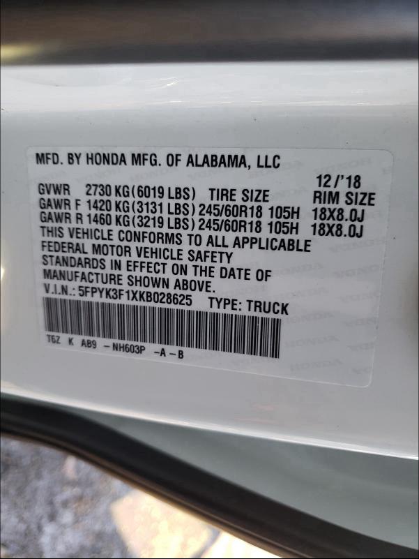 2019 HONDA RIDGELINE 5FPYK3F1XKB028625