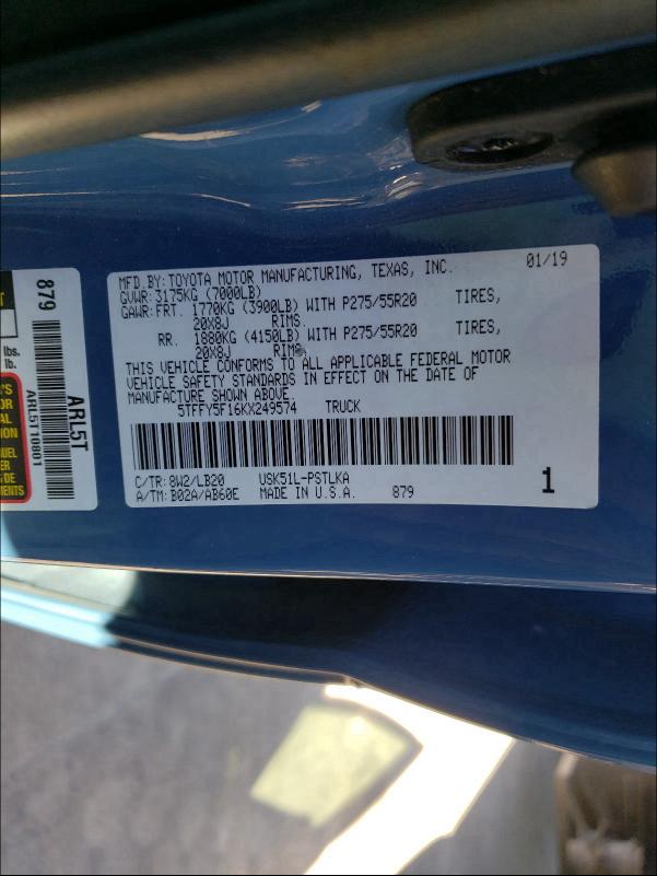 2019 TOYOTA TUNDRA CRE 5TFFY5F16KX249574