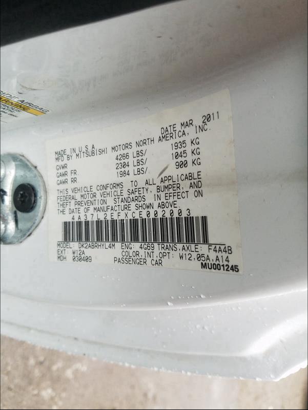 2012 MITSUBISHI ECLIPSE SP 4A37L2EFXCE002003