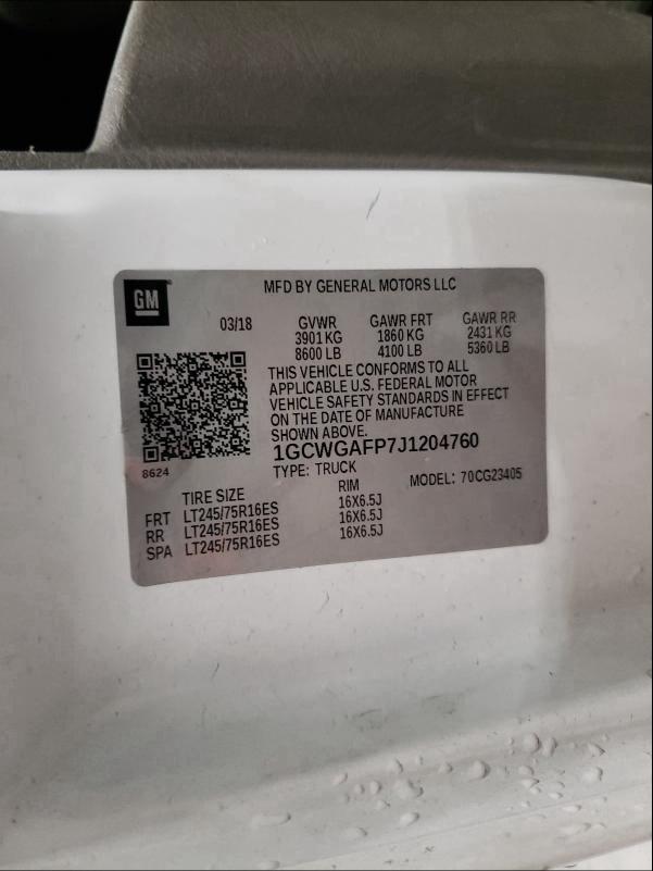 2018 CHEVROLET EXPRESS G2 1GCWGAFP7J1204760