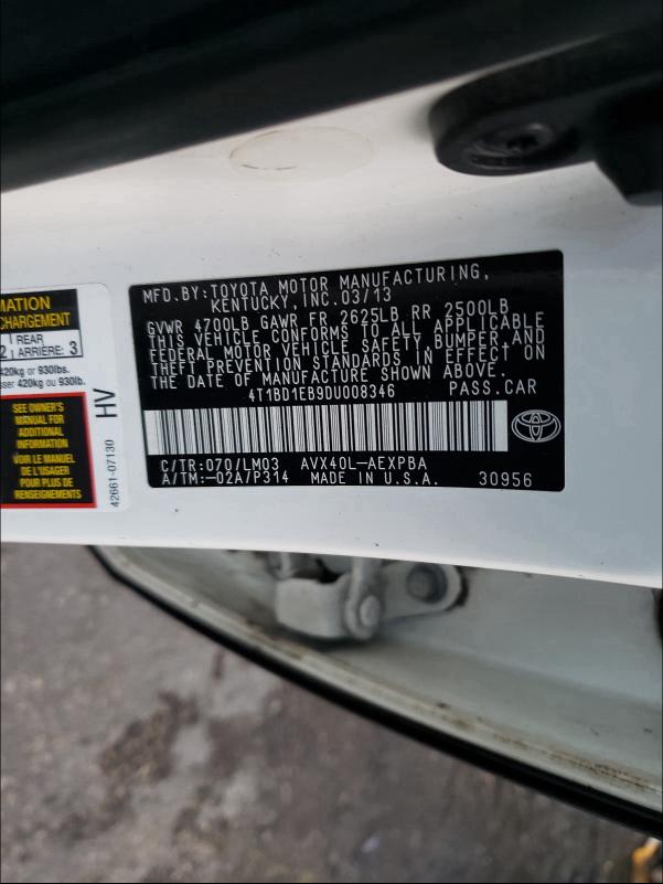 2013 TOYOTA AVALON HYB 4T1BD1EB9DU008346