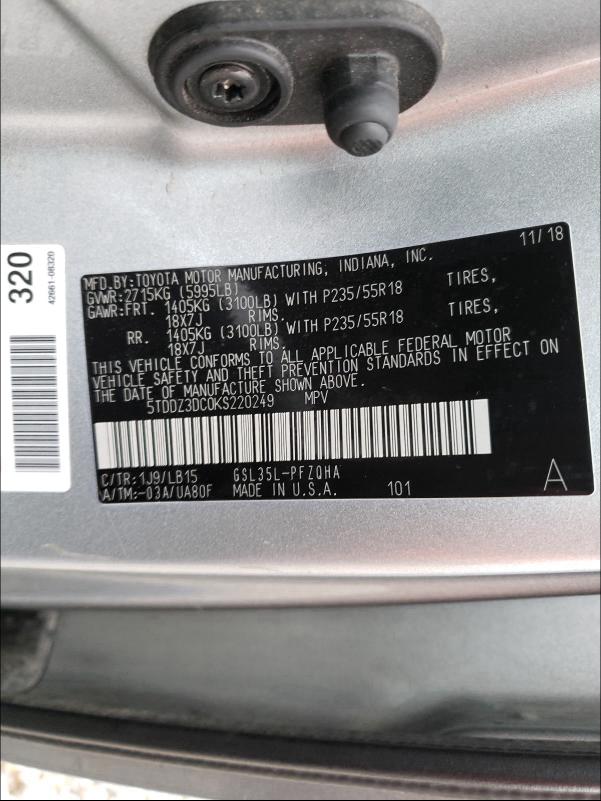 2019 TOYOTA SIENNA XLE 5TDDZ3DC0KS220249