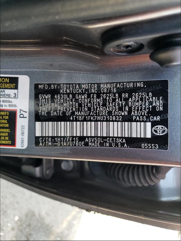 2017 TOYOTA CAMRY 4T1BF1FK7HU310832