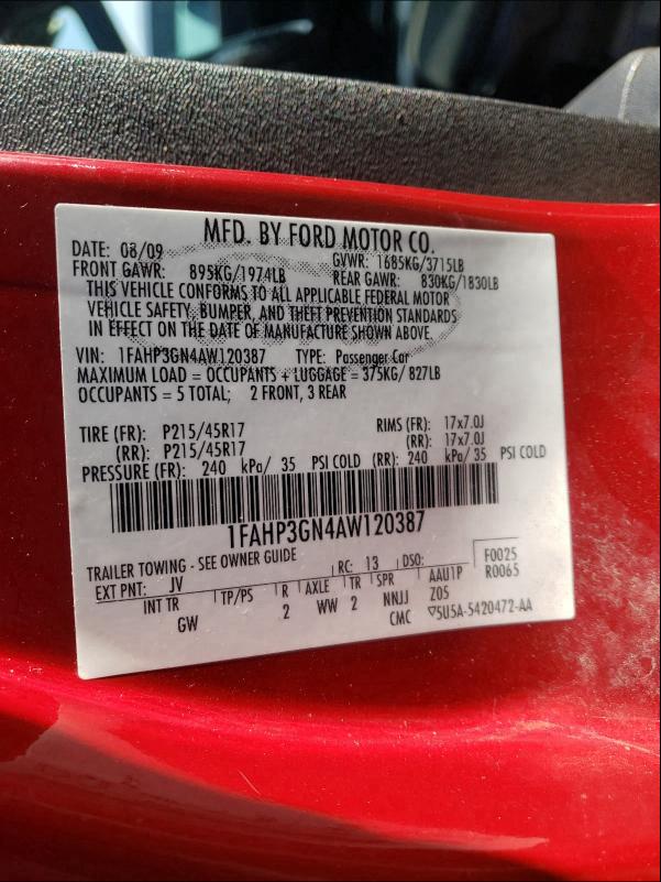 2010 FORD FOCUS SES 1FAHP3GN4AW120387