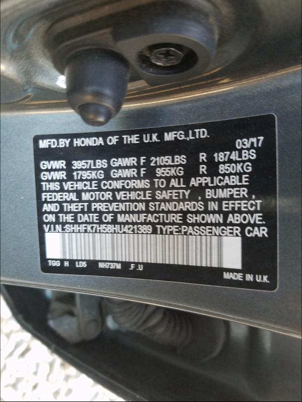 2017 HONDA CIVIC EX SHHFK7H58HU421389