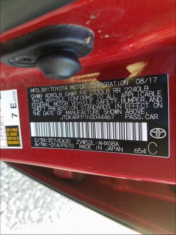 2017 TOYOTA PRIUS PRIM JTDKARFP1H3044467