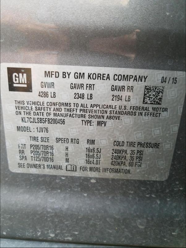 2015 CHEVROLET TRAX 1LT KL7CJLSB5FB200456