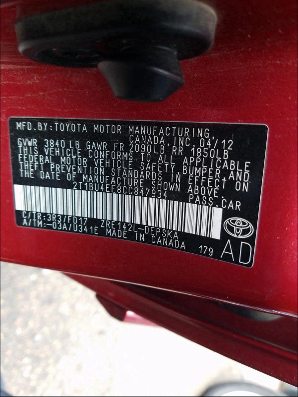 2012 TOYOTA COROLLA BA 2T1BU4EE8CC847934