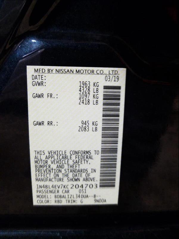 2019 NISSAN ALTIMA SL 1N4BL4EV7KC204703