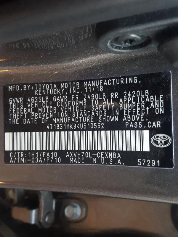 2019 TOYOTA CAMRY LE 4T1B31HK8KU510552