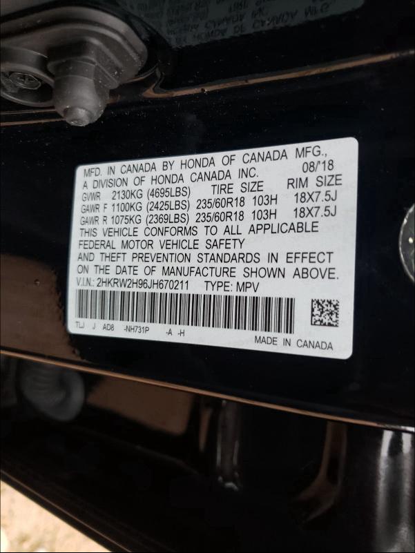 2018 HONDA CR-V TOURI 2HKRW2H96JH670211