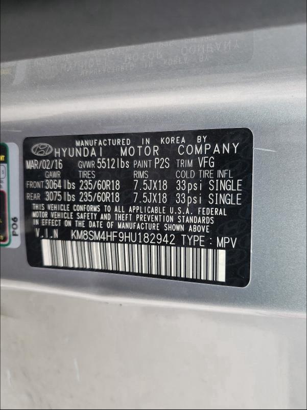 2017 HYUNDAI SANTA FE 4 KM8SM4HF9HU182942