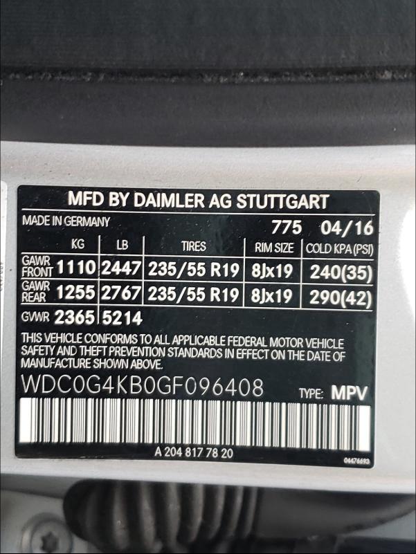 2016 MERCEDES-BENZ GLC 300 4M WDC0G4KB0GF096408