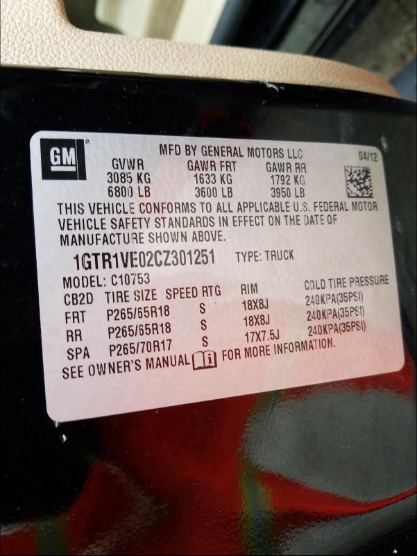 2012 GMC SIERRA C15 1GTR1VE02CZ301251