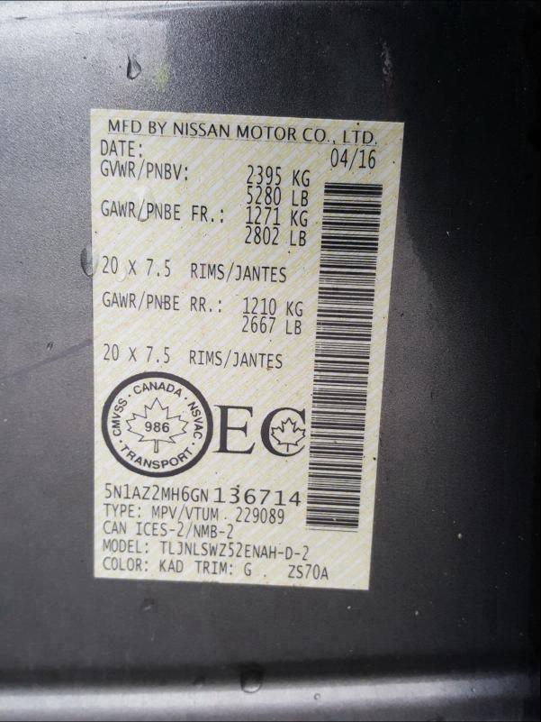 2016 NISSAN MURANO S 5N1AZ2MH6GN136714