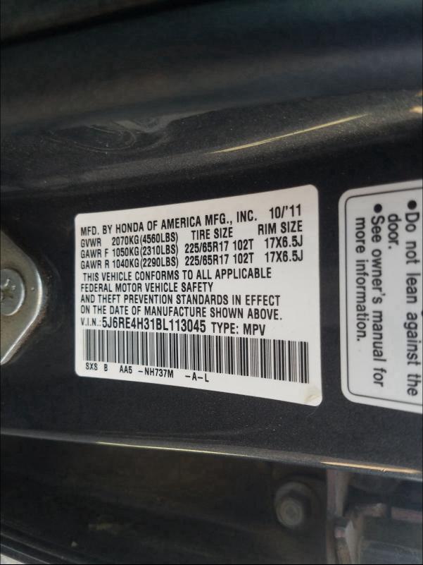 2011 HONDA CR-V LX 5J6RE4H31BL113045