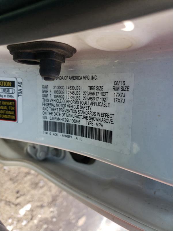2016 HONDA CR-V EXL 5J6RM4H72GL106036