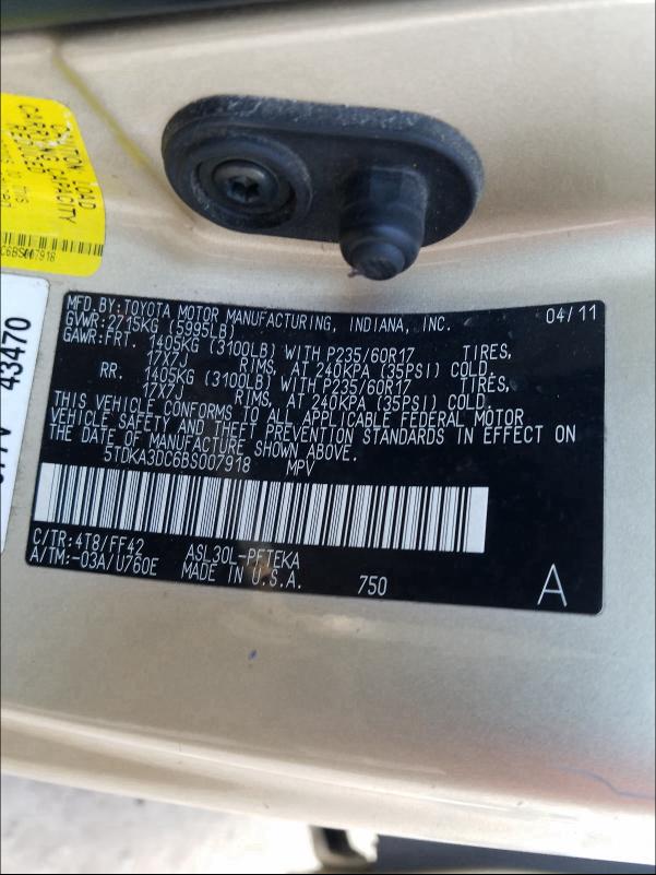 2011 TOYOTA SIENNA BAS 5TDKA3DC6BS007918