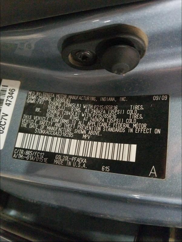 2010 TOYOTA SIENNA 5TDKK4CCXAS318285