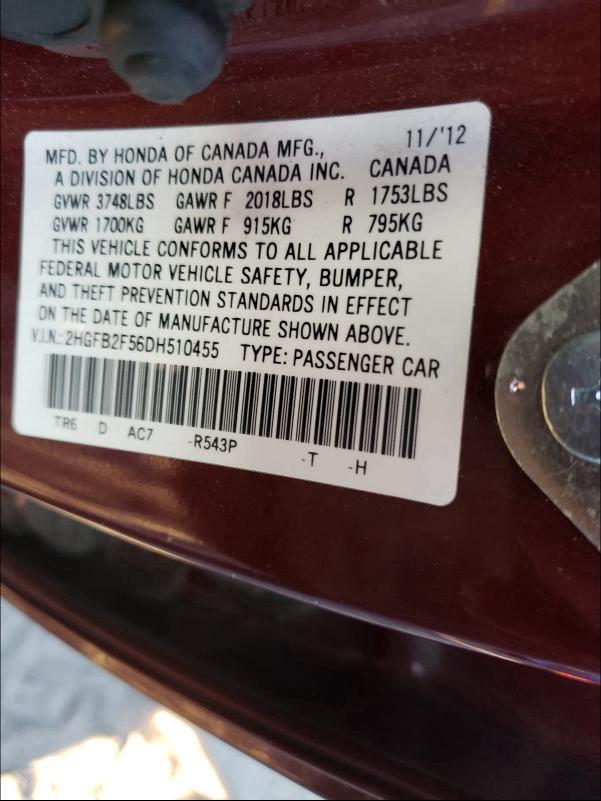 2013 HONDA CIVIC LX 2HGFB2F56DH510455