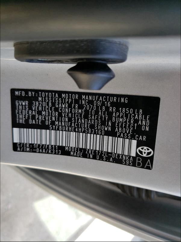 2017 TOYOTA COROLLA L 5YFBURHE4HP583160