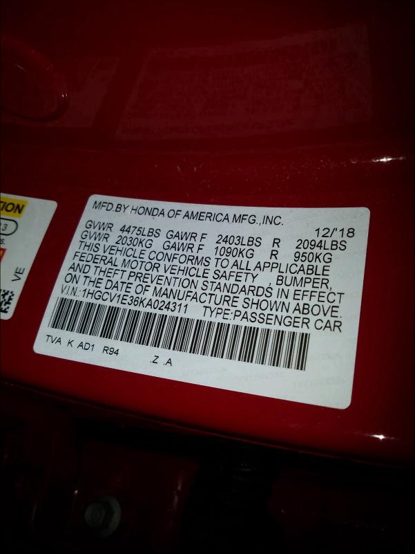 2019 HONDA ACCORD SPO 1HGCV1E36KA024311