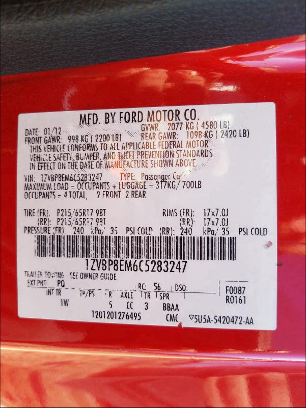 2012 FORD MUST 1ZVBP8EM6C5283247