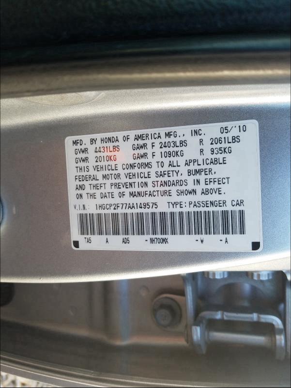 2010 HONDA ACCORD EX 1HGCP2F77AA149575