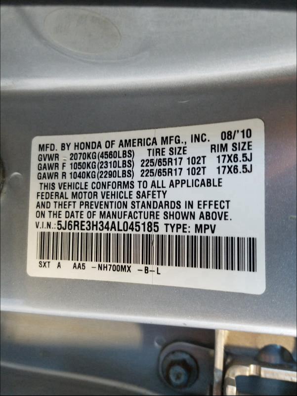 2010 HONDA CR-V LX 5J6RE3H34AL045185