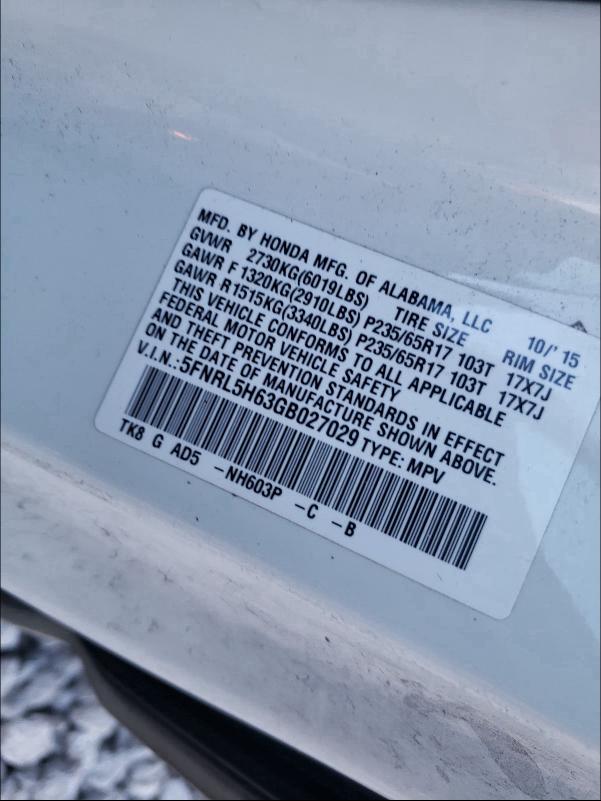 2016 HONDA ODYSSEY 5FNRL5H63GB027029