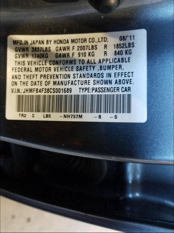 2012 HONDA CIVIC HYBR JHMFB4F38CS001689