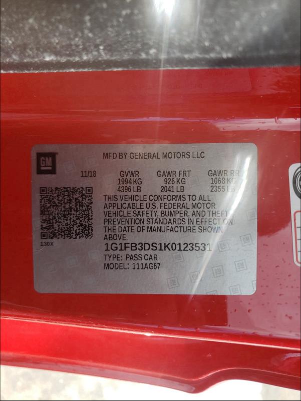 2019 CHEVROLET CAMARO LS 1G1FB3DS1K0123531