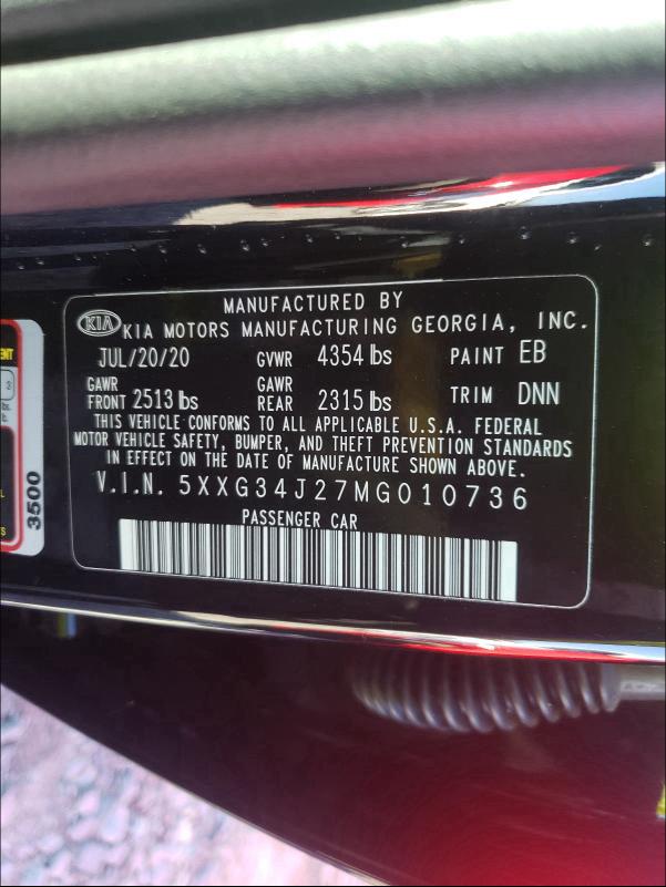 2021 KIA K5 EX 5XXG34J27MG010736