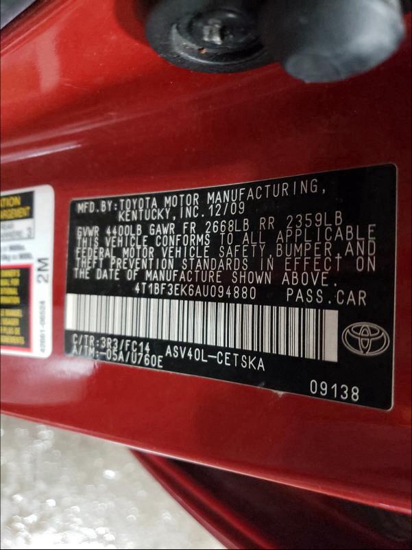 2010 TOYOTA CAMRY BASE 4T1BF3EK6AU094880