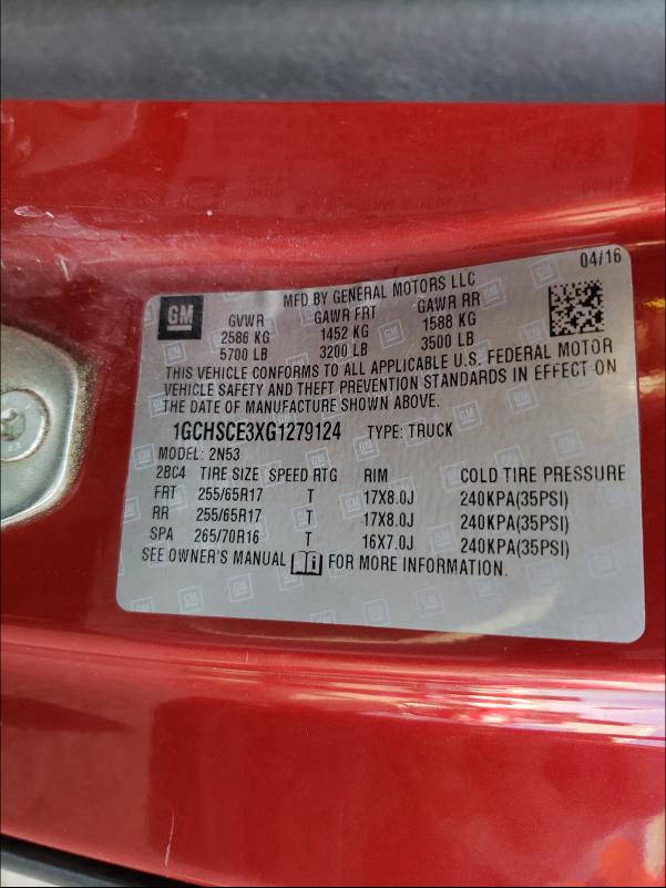 2016 CHEVROLET COLORADO L 1GCHSCE3XG1279124