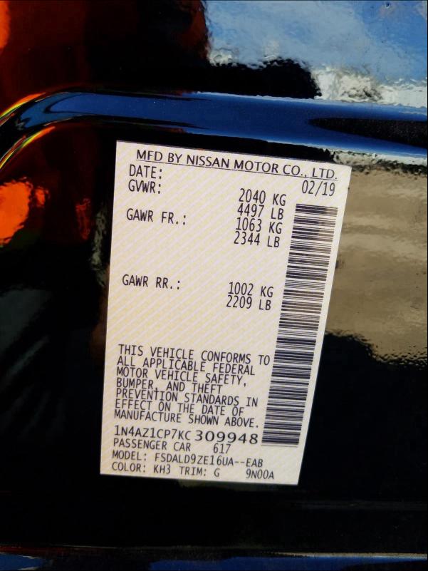 2019 NISSAN LEAF S 1N4AZ1CP7KC309948