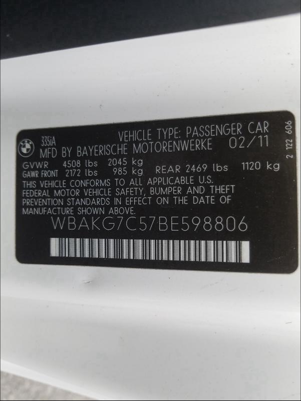2011 BMW 335 I WBAKG7C57BE598806