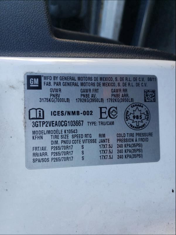 2012 GMC SIERRA K15 3GTP2VEA0CG103667