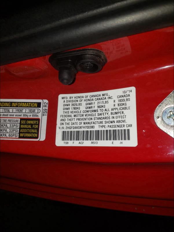 2015 HONDA CIVIC SI 2HGFG4A5XFH700380