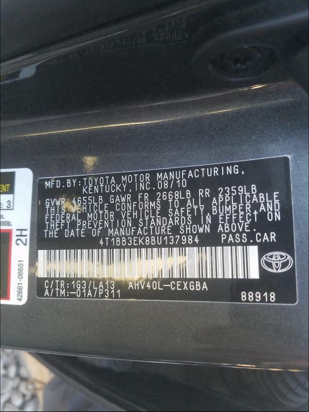 2011 TOYOTA CAMRY HYBR 4T1BB3EK8BU137984