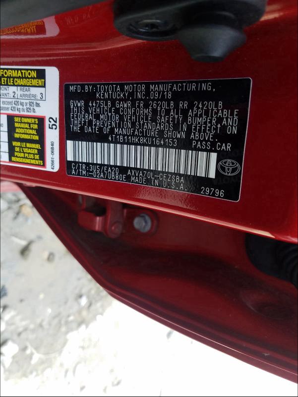 2019 TOYOTA CAMRY 4T1B11HK8KU164153