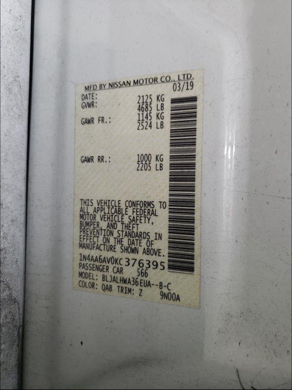 2019 NISSAN MAXIMA S 1N4AA6AV0KC376395