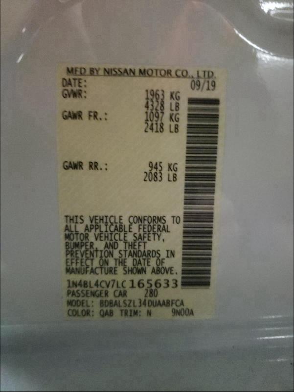 2020 NISSAN ALTIMA SR 1N4BL4CV7LC165633
